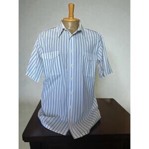 Vintage Christian Dior White Blue Stripes Short Sleeved Button Down Shirt Mens L